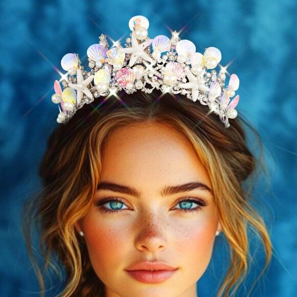 Mermaid Crown Silver Shell Tiara Rhinestone Ocean Princess Hair Accessory - Picture 7 of 7